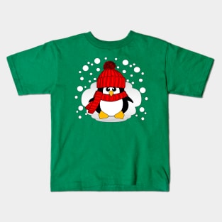 Christmas Boy Penguin with Red Hat and Scarf Kids T-Shirt